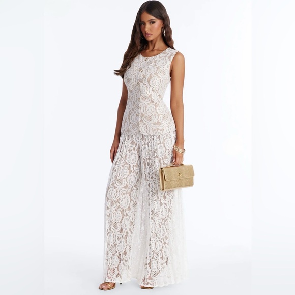 Dresses & Skirts - Lace Overlay Wide-Leg Pleated 2 Piece Set in White & nude